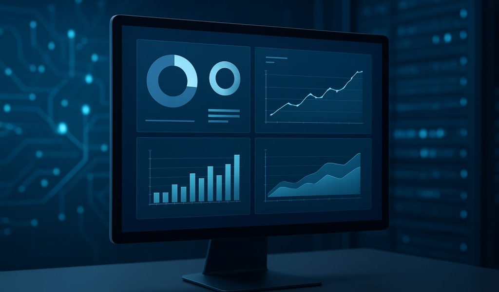 A computer monitor displaying various financial graphs and data visuals in a dark, tech-inspired environment.