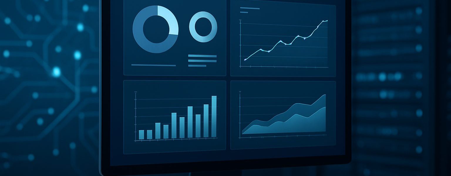 A computer monitor displaying various financial graphs and data visuals in a dark, tech-inspired environment.