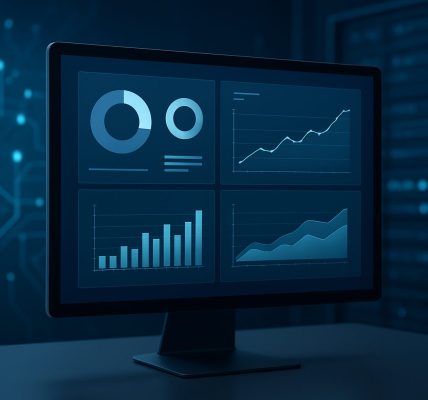A computer monitor displaying various financial graphs and data visuals in a dark, tech-inspired environment.