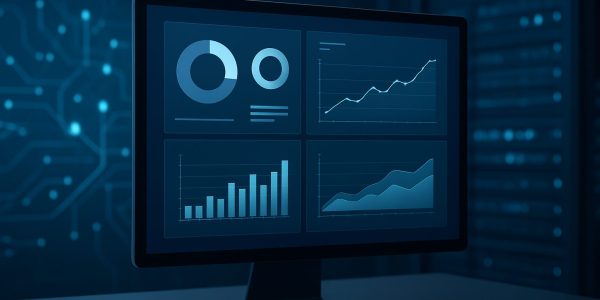 A computer monitor displaying various financial graphs and data visuals in a dark, tech-inspired environment.