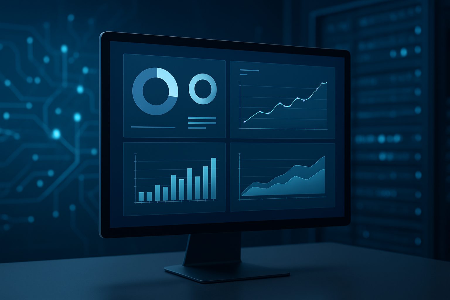 A computer monitor displaying various financial graphs and data visuals in a dark, tech-inspired environment.