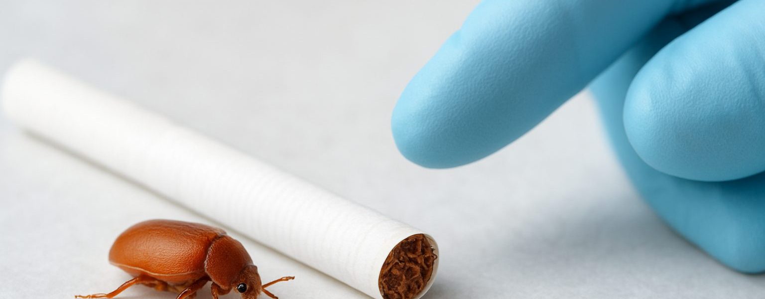 A closely captured cigarette beetle next to a cigarette on a surface, with a gloved hand reaching towards it.