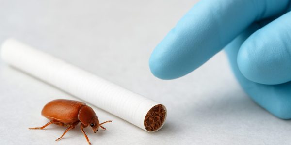A closely captured cigarette beetle next to a cigarette on a surface, with a gloved hand reaching towards it.