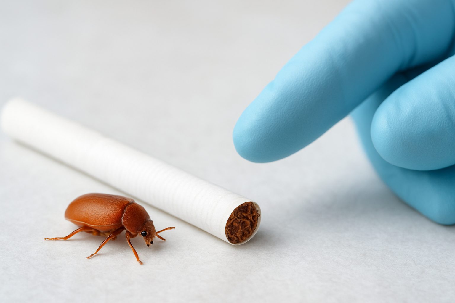 A closely captured cigarette beetle next to a cigarette on a surface, with a gloved hand reaching towards it.