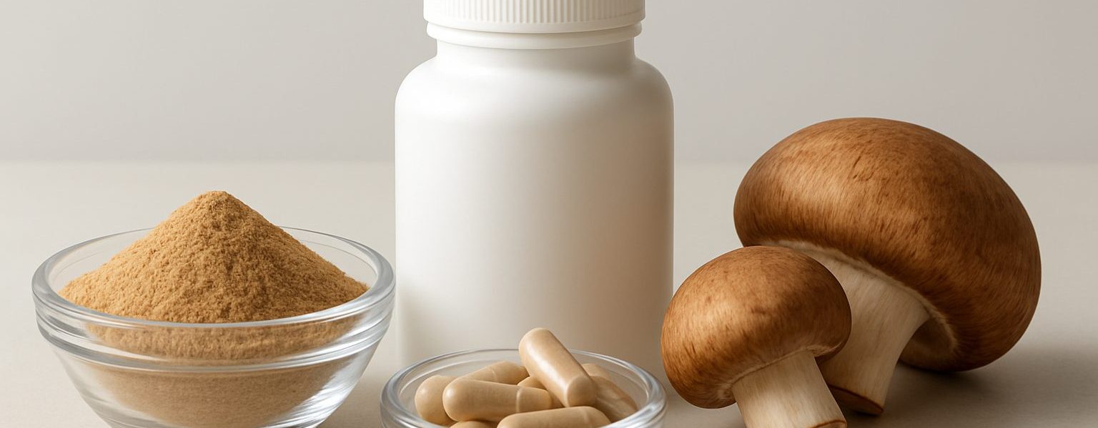 various mushroom products including powder and capsules in a clean setting