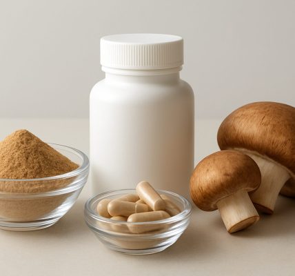 various mushroom products including powder and capsules in a clean setting