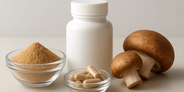 various mushroom products including powder and capsules in a clean setting