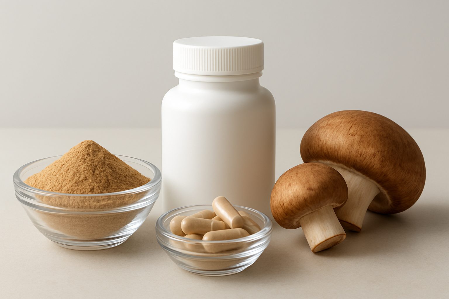 various mushroom products including powder and capsules in a clean setting
